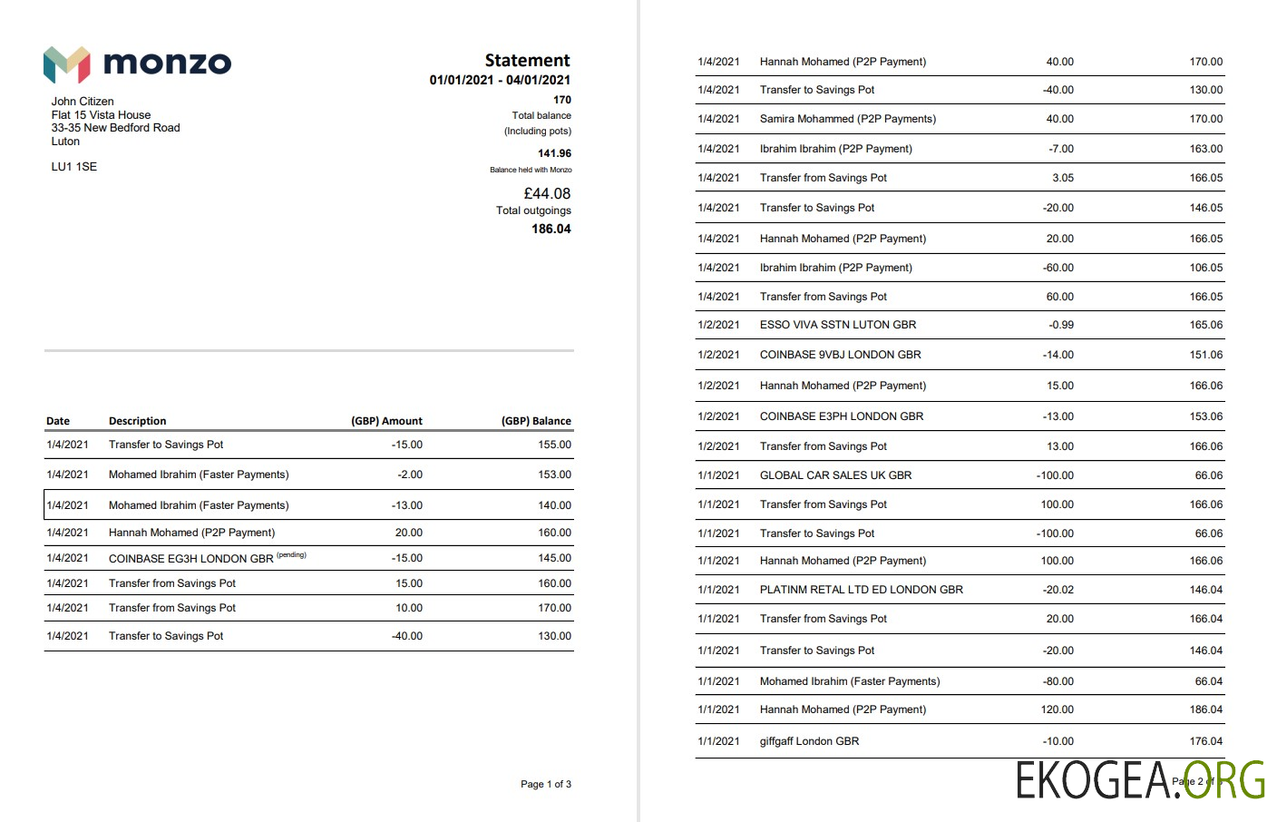 Modèle de relevé bancaire Monzo Royaume Uni au format Excel et PDF (3 pages)